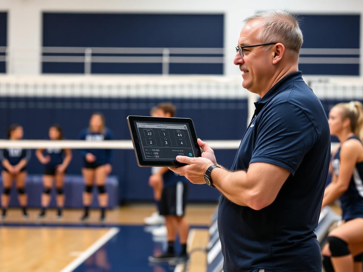 Volleyball coach reviewing the live scorebook on a tablet courtside